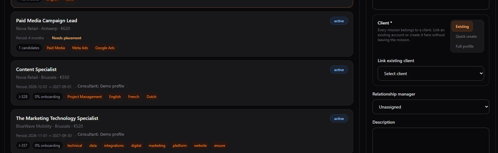 Titaneo mission management screen with open missions, clients and mission details