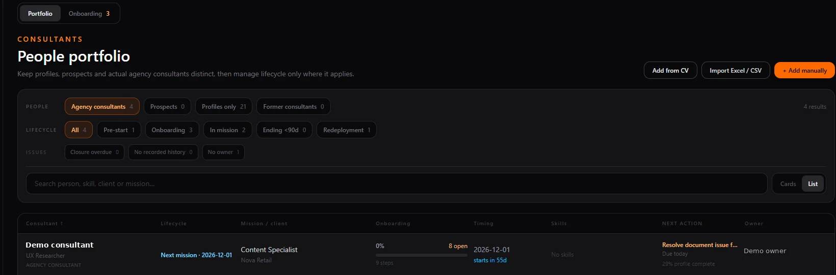 Titaneo consultant portfolio showing lifecycle status, missions and next actions